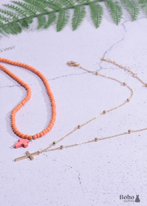 Boho Necklace, Seed Bead Choker, 2 Layers Double Cross
